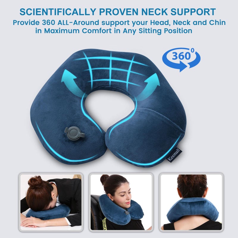 Keemall Travel Neck Pillow for Airplane, Compact Inflatable Neck Pillow for Traveling Long Flights, Adjust Firmness Neck Suport Pillow for Sleeping Plane Head Rest for Travel Accessories,Deep Blue - Image 3